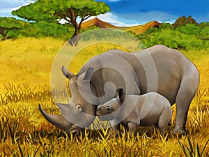 Cartoon safari scene with rhino rhinoceros on the meadow beautiful illustration for children