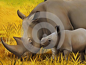 Cartoon safari scene with rhino rhinoceros on the meadow beautiful illustration for children