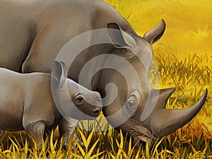 Cartoon safari scene with rhino rhinoceros on the meadow beautiful illustration for children