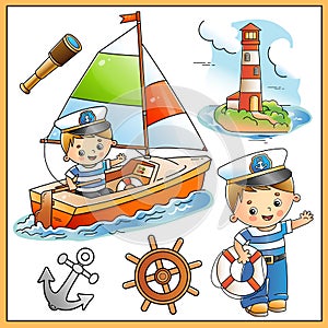 Cartoon sail ship with sailor. Seaman with lifebuoy, spyglass, anchor and helm. Lighthouse. Images of sea transport for children.