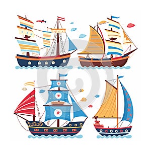 Cartoon sailboats colorful nautical theme illustration isolated white background. Four different photo