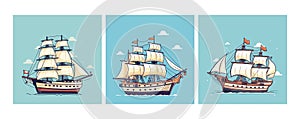 Cartoon sailboats. Retro style ships, vessels vintage cards template. Sea travel and ocean adventures, vector decorative