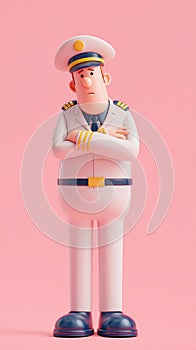 Cartoon Sailor Standing with Arms Crossed on Pink Background
