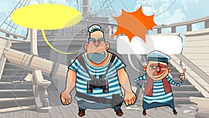 Cartoon sailors stand on the deck of a dilapidated wooden ship and talk