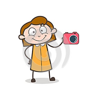 Cartoon Salesgirl Showing a Digital Camera for Sale