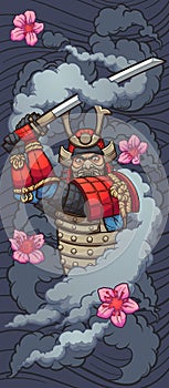 Cartoon samurai enveloped in smoke with sakura flowers