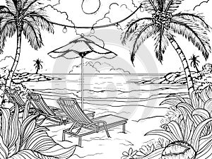 Cartoon Sandy beach on exotic island, summer vacation. Children coloring book. Generative ai.