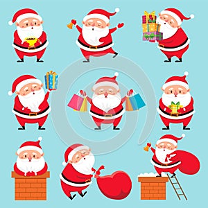 Cartoon Santa character. Christmas cute grandfather Claus characters for Xmas holidays greeting card vector set