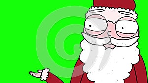 Cartoon Santa Claus advertising free space for your text on green screen. Closeup Christmas Spirit animation. Seamless and looped