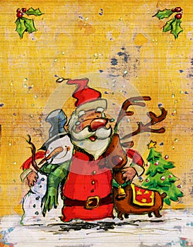 Cartoon Santa Claus big christmas hug with snowman and reindeer
