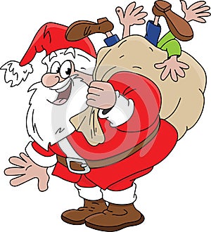 Cartoon Santa Claus bringing people their loved loved ones as presents vector illustration