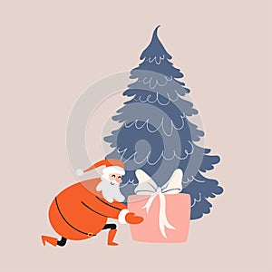 Cartoon Santa Claus carefully places a large gift under the Christmas tree. Smiling Santa knelt down to arrange gifts in the house
