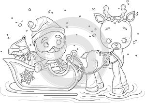 Cartoon Santa Claus character with presents and deer in sleigh sketch template.