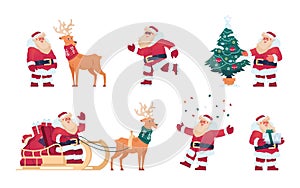 Cartoon Santa Claus. Christmas character with presents. Reindeer with sleigh, fir tree with garlands. Winter holiday