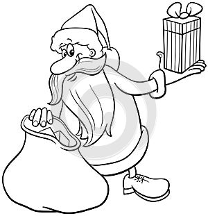 Cartoon Santa Claus with Christmas present and sack coloring page