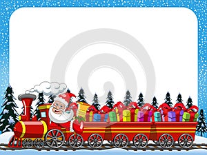 Cartoon Santa Claus Delivering gifts driving steam locomotive horizontal frame