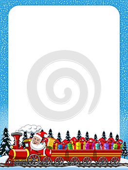 Cartoon Santa Claus Delivering gifts driving steam locomotive vertical frame