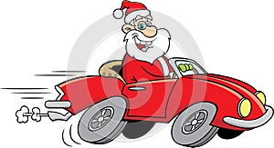 Cartoon Santa Claus driving a sports car.