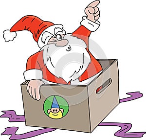 Cartoon Santa Claus getting out of a gift box vector illustration
