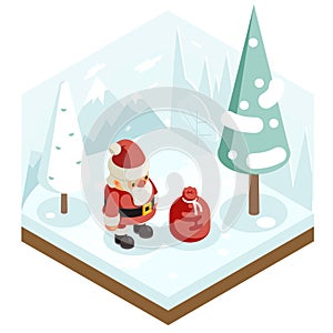 Cartoon santa claus grandfather frost gift bag new year christmas forest wood background isometric 3d flat design vector