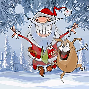 Cartoon Santa Claus happily bounces along with a dog in winter forest photo