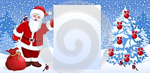 Cartoon Santa Claus hold celebratory Christmas background wit fir tree