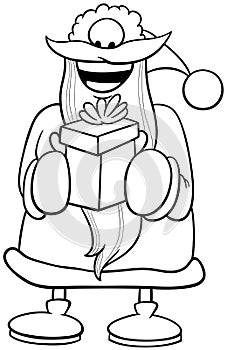 Cartoon Santa Claus holding Christmas gift coloring page