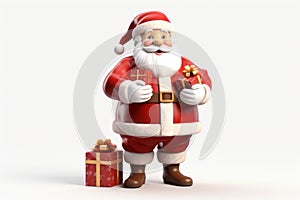 A cartoon Santa Claus holding two presents, with one present at his feet