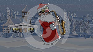 Cartoon santa claus playing saxophone at night in the snow