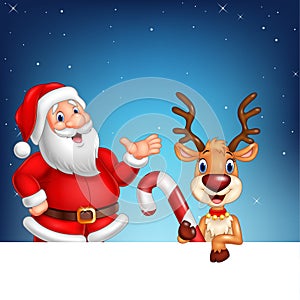 Cartoon Santa Claus and reindeer with blank sign