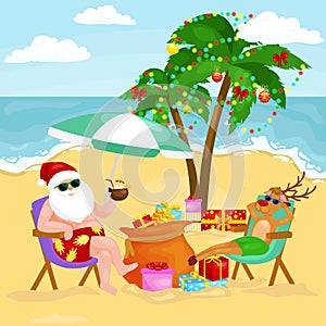 Cartoon santa claus and reindeer chilling out on beach