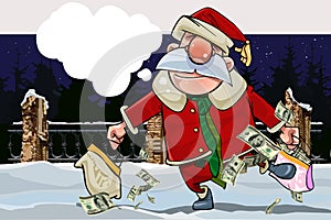Cartoon santa claus with a replica and with bags full of money on a winter night