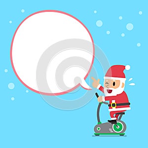 Cartoon santa claus riding exercise bike with white speech bubble
