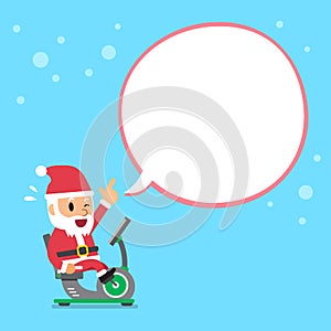 Cartoon santa claus riding recumbent exercise bike white speech bubble