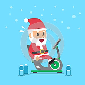 Cartoon santa claus riding recumbent exercise bikes