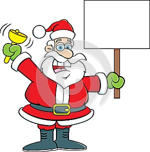 Cartoon Santa Claus ringing a bell while holding a sign.