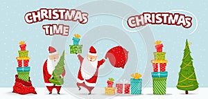 Cartoon Santa Claus set. Funny happy Santa character with christmas tree, pile of gifts, bag with presents, glad, waving