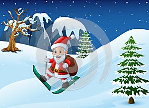 Cartoon santa claus skiing with sack of gifts on snow downhill