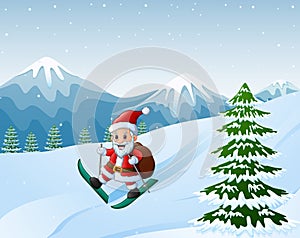 Cartoon santa claus skiing with sack of gifts on snow downhill