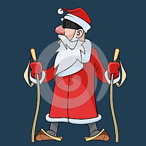 Cartoon santa claus skiing in surprise looked to the right