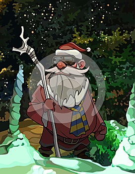 Cartoon santa claus stands with a staff in a snowy park