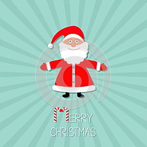 Cartoon Santa Claus Sunburst blue background. Stick candy cane Merry Christmas card Flat design