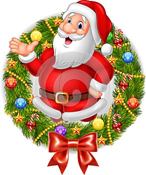 Cartoon santa claus waving hand with Christmas wreath