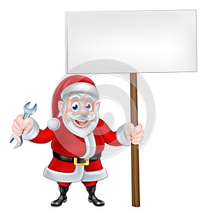 Cartoon Santa Holding Spanner and Sign