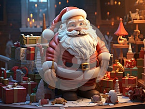 Cartoon Santa Planing for gift in big monitor