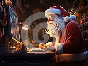 Cartoon Santa Planning for gift in big monitor