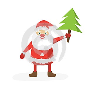 Cartoon Santa in red hat holding Christmas tree. Flat vector ill