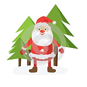 Cartoon Santa in red hat holding Christmass ball and candy cane