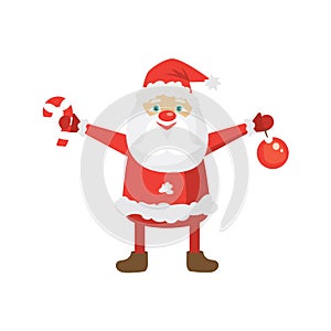 Cartoon Santa in red hat holding Christmass ball and candy cane