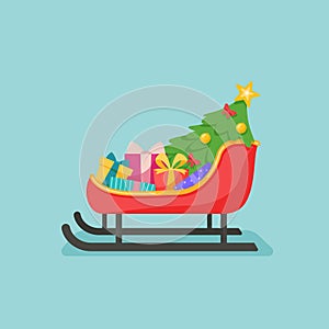 Cartoon Santa sleigh with presents and Christmas tree